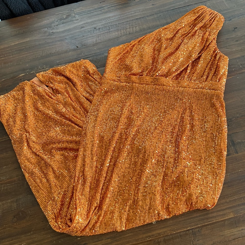 Ieena for Mac Duggal Sequined Ruched One Shoulder Gown - Orange - Picture 8 of 8
